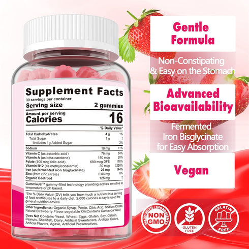 Vegan Iron Filled Gummies for Women, Non Constipating High Absorption 26mg Gentle Bisglycinate Iron w/Vitamin C, Folate, Beet Root, B12 for Iron D...