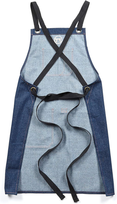 Outset Grill and Kitchen Apron, Cross Back Blue Denim Apron With Pockets, 27" x 30"...