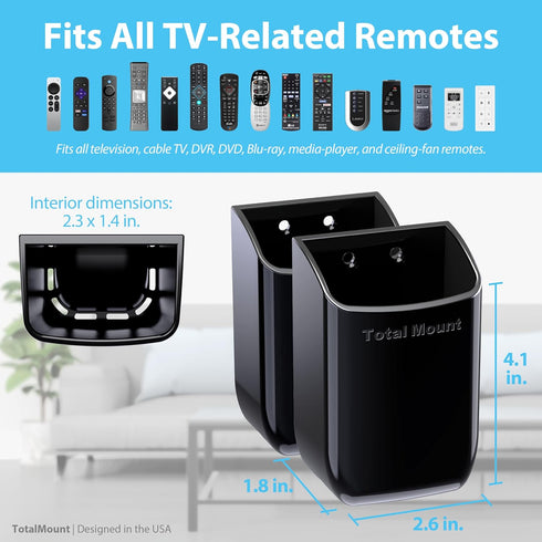 TotalMount Hole-Free Remote Holders – Eliminate Need to Drill Holes in Your Wall (Black Remote Control Holders, Quantity 2)...