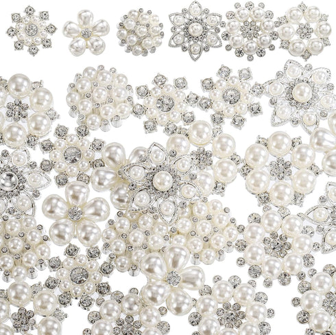 Frcctre 30 Pack Pearl Rhinestone Buttons, 6 Styles Embellishments Button Faux Pearl Button, Flat Back Flower Crystal Buttons for DIY Craft Jewelry...