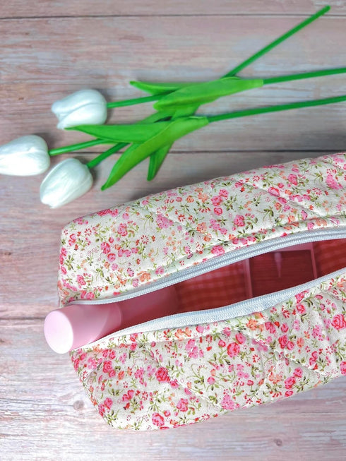 Quilted Floral Makeup Bag, White/pink floral pattern....