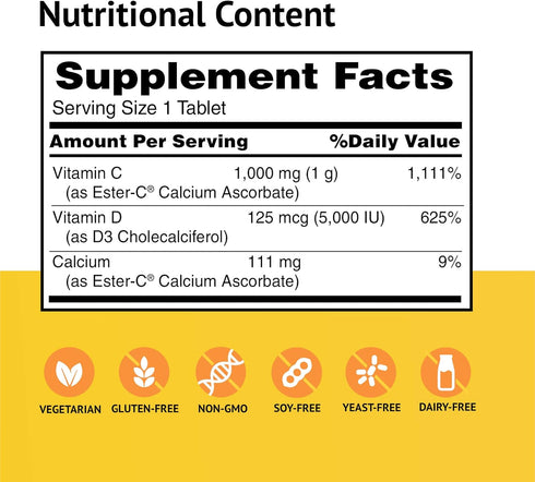 American Health EsterC with D3 Bone Immune Complex Vegetarian Tablets 24Hour Immune Support 1000 mg EsterC 5000 IU Vitamin D3 NonAcidic Vitamin C ...
