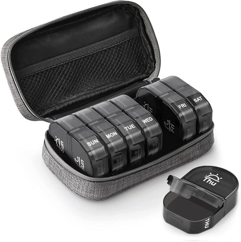 AUVON Canvas Bag Travel Pill Organizer 2 Times a Day, Large AM/PM Weekly Pill Box 7 Day Pill Case with Portable Gray Zipper Cloth Bag for Holding ...