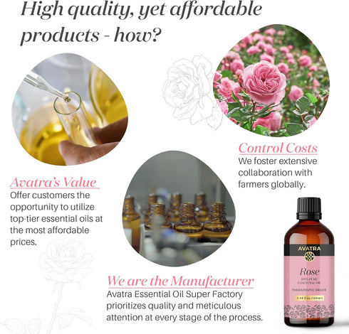 Avatra Rose Essential Oil for Diffuser, Perfume, Skin, Hair, Aromatherapy | Pure & Natural Essential Oil for Massage, Bath, Soap, Candles | Premiu...