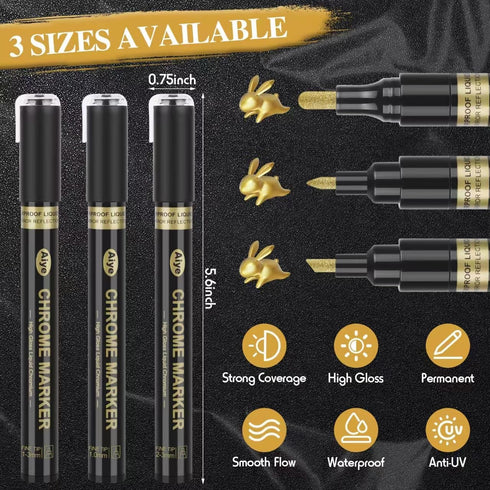 Liquid Mirror Chrome Markers - 3Pcs Gold Waterproof Reflective Gloss Metallic Markers for Repairing, Resin Supplies, Model Painting, Marking or DI...