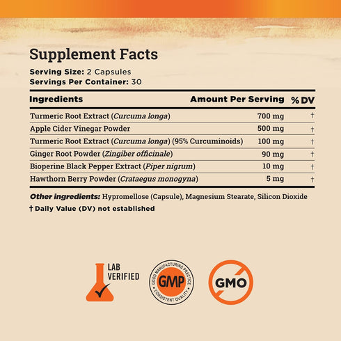 Turmeric and Ginger Supplement - Tumeric Curcumin Joint Support Pills - with Apple Cider Vinegar & BioPerine Black Pepper - 95% Curcuminoids - 60 ...