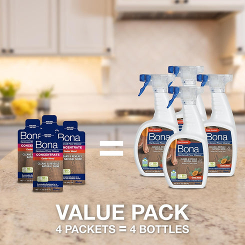 Bona Hardwood Floor Cleaner Concentrate, Cedar Wood Scent, 1 fl oz, Pack of 4 (Makes 128 fl oz) - Residue-Free Floor Cleaning Concentrate Spray Mo...