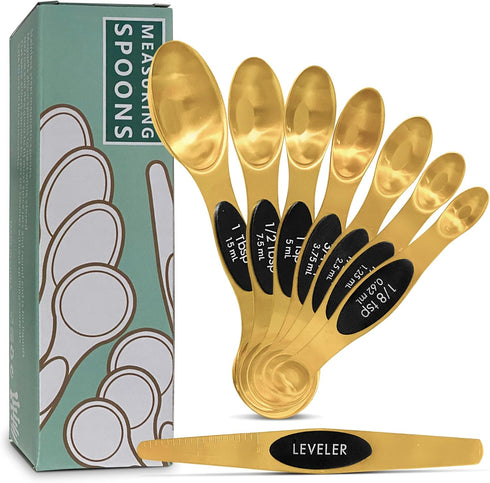 measuring spoons set,of 8-piece stainless steel magnetic gold-colored, double-sided, with, kitchen utensils for measuring and weighing dry and liq...