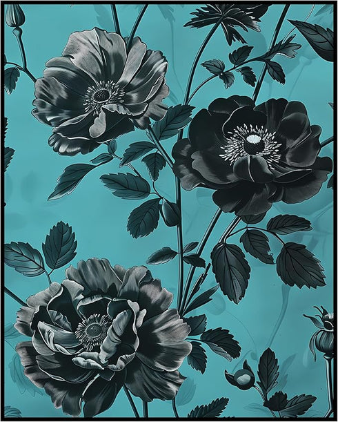 Posterizer 1 pcs-lush black flowers with blue background-Floral & Botanical Art-Abstract & Modern Art-Decor for Home & Office- UNFRAMED Wall Art...