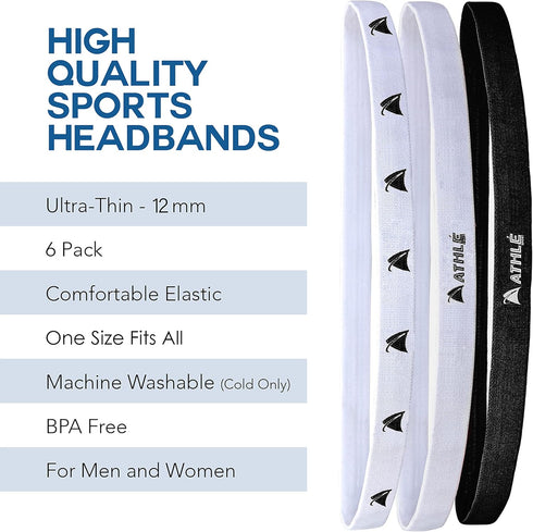 Athlé Skinny Headbands for Women and Men - 6 Pack - Elastic Headbands for Women and Men - Non Slip Silicone Grip - Lightweight and Comfortable Thi...