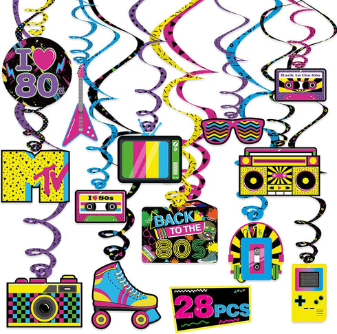 Bessmoso 28PCS 80s Party Decorations – Retro Hanging Swirls & Ceiling Streamers for 1980s Throwback Birthday, Neon Back to The 80’s Party Supplies...