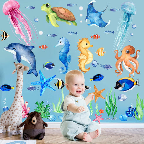 4 Sheets Ocean Fish Wall Decals Stickers Sea Wall Decal Stickers Removable Sea Life Marine Animal Sticker Underwater Ocean Creatures Decor for Kid...