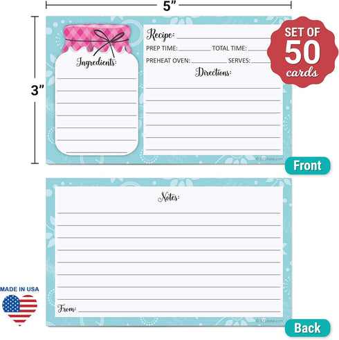 321Done Small 3x5 Recipe Cards (Set of 50) - Mason Jar - Thick Double Sided Premium Card Stock - Made in USA - Rustic Pink and Teal, Notes From...