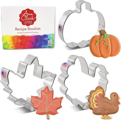 Thanksgiving and Fall Holiday Cookie Cutters 3-Pc. Set Made in USA by Ann Clark, Maple Leaf, Turkey, Pumpkin...