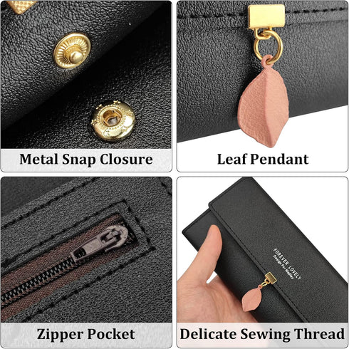 FuninCrea Purses for Women with Leaf Pendant, PU Leather Ladies Purse with Metal Snap Button, Bifold Womens Purse Long Leather Purse with Multiple...
