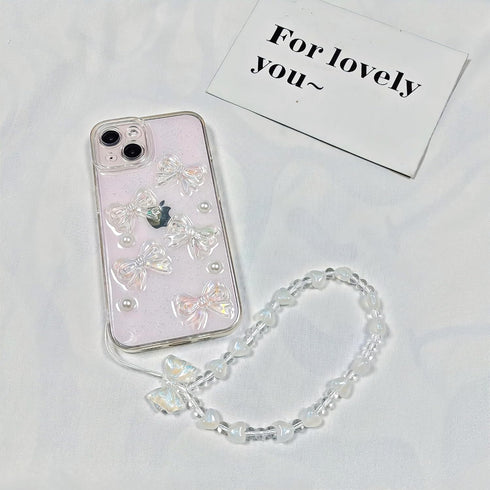 Ownest Compatible with iPhone 13 Case with Clear Cute 3D Bowknots and Pearl Aesthetic Patterns for Women Teen Girls, Glitter Sparkle Back and Full...