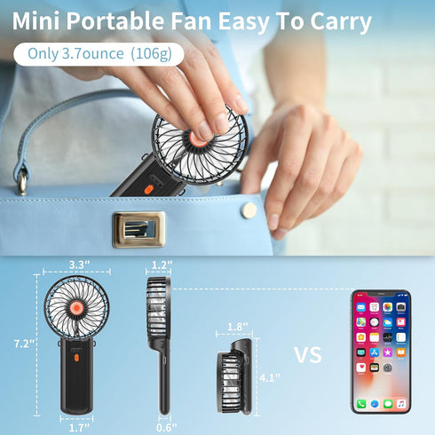 Mini Handheld Fan 2 Pack, Portable Hand Held Fan for Travel 4 Speeds, Cooling Personal Fans USB Rechargeable Battery Operated, 180° Foldable Trave...