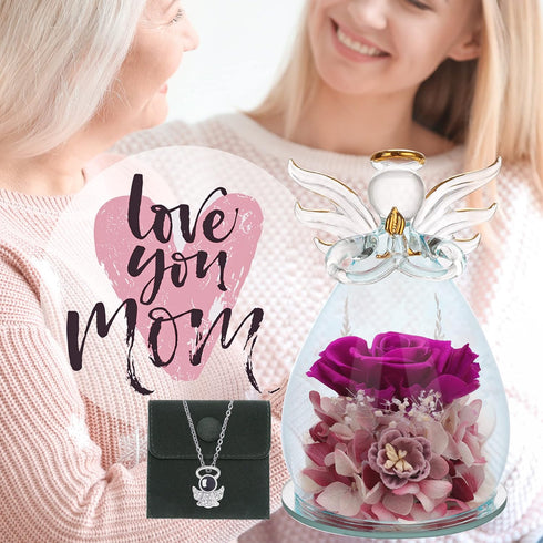 ANLUNOB Preserved Rose Birthday Gifts for Women Mom Grandma Wife, Glass Angel Figurines Gifts with Pretty Purple Flowers for Anniversary Wedding...