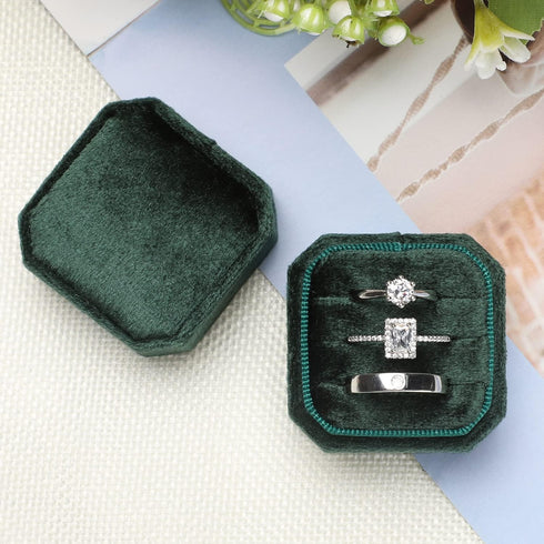 Velvet Ring Box, Octagon Velvet Jewelry Ring Box Storage 3 Slots Ring Holder Box for Proposal, Engagement, Wedding Ceremony (Green)...