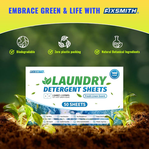 FIXSMITH Laundry Detergent Sheets - 100 Loads (50 Sheets) Fresh Linen Scent - Hypoallergenic,Eco Friendly Laundry Detergent Strips Ultra-Concentra...