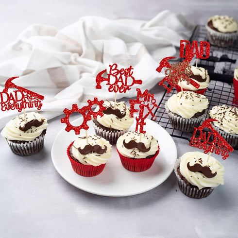 24 Pack Happy Father's Day Cupcake Toppers Tool Construction Red Glitter Best Dad Ever Dad Fix Everything Cupcake Picks for Happy Father's Day The...