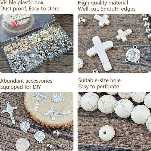 Firstmeet Jewelry Making Kit with Turquoise Round Beads and Cross Pendant, Rhodium Plated Spacer and Cross Charms for Necklace Bracelet Earrings M...