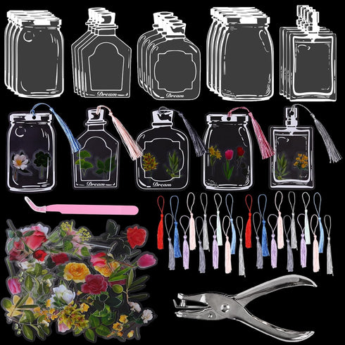 346Pcs Transparent Flower Scrapbook Stickers, Glassware Bottle Shape Bookmarks Set Include Colorful Tassels and Tweezer Hole Punch, Beautiful Flor...