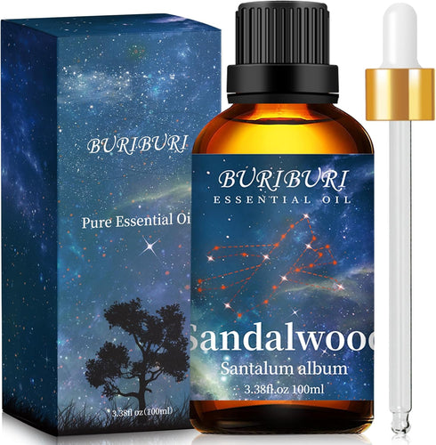 BURIBURI 100ML Sandalwood Essential Oil, 100% Pure Undiluted Aromatherapy Sandalwood Oil 3.38fl.oz for Soap, Candle Making, Massage, Diffuser, Hum...