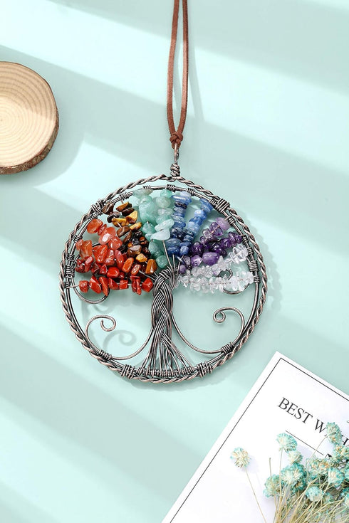GEHECRST Natural 7 Chakra Healing Crystals Life Tree Hanging Ornament Reiki Gemstone Chips Copper Wires Wrapped Handmade Hanging Decor for Wall, W...