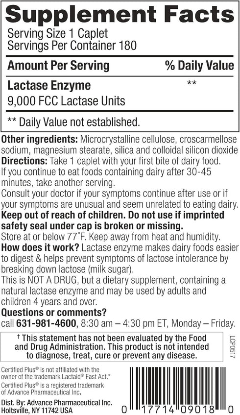 Fast Acting Lactase 180 Caplets Generic Lactase Fast Act 9000 FCC Units per Caplet...
