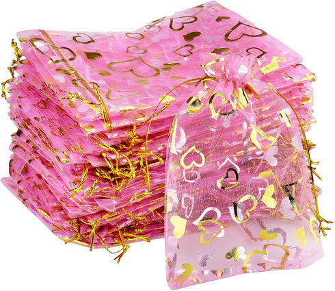 100PCS Heart Printed Organza Bags Gift Jewelry Candy Bags for Wedding Valentine's Day Mother's Day Party Christmas 5x7Inch...
