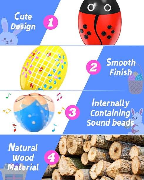 9 Pack Wooden Percussion Musical Shake Prefilled Easter Eggs with Toys Inside Filled for 3 4 5 Years Old, Toddlers Easter Basket Stuffers Egg Fill...