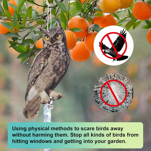 Fake Owl Decoy to Scare Birds, 2Pack Reflective Birds Deterrent Owl Bird Scarer Dual-Side Printed Owl for Farms, Orchards, Gardens, Window...