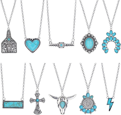 FUNRUN JEWELRY 10Pcs Western Necklaces for Women Turquoise Necklace Cow Tag Lightning Bolt Horseshoe Bar Turquoise Pendant Necklace Cowgirl Boho W...