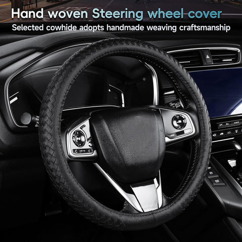 Black Steering Wheel Cover?with Woven Pattern ?Anti-Slip, Safety, Soft, Breathable, Adaptable to 14.5-15 inches Steering Wheel...
