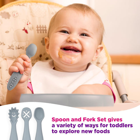 Silicone Toddler Fork, Spoon, and Suction Plate Utensils, Baby Led Weaning (BLW) Eating Essentials, Kids Self Feeding Set (Pink), PLT1038...