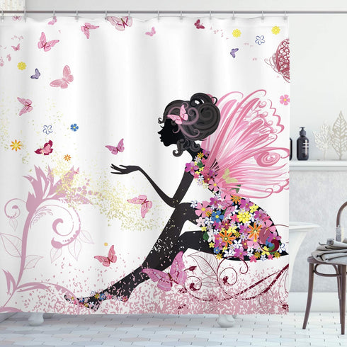 Ambesonne Girls Shower Curtain, Pink Butterfly Girl with Floral Dress Flower Fairy Angel Wings Folklore Kids Print, Fabric Bathroom Decor Set with...