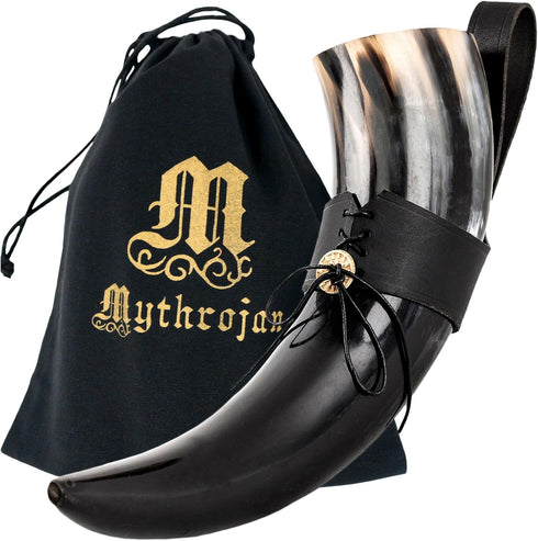 Mythrojan Viking Drinking Horn with Strap – Medieval Norse Beer Mug, Large Ale Cup 500 ml (16oz) – Authentic Replica Horn for Mead, Ale & Beer...