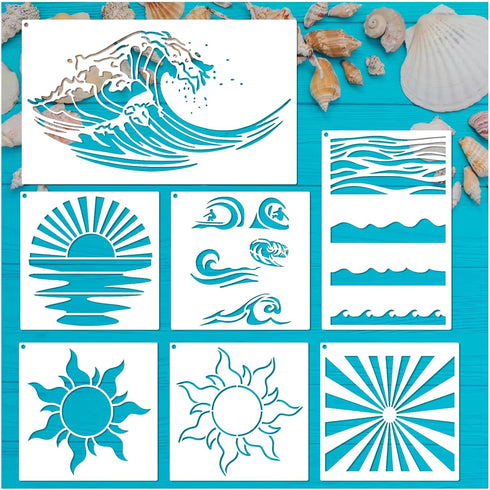 Beach Wave Stencils for Painting on Wood Reusable Canvas Nautical Sunrays Stencil for Crafts Kids Art Projects Drawing Card Making Pattern for Wal...