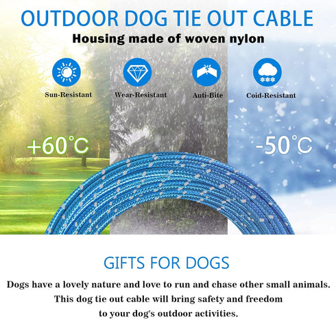 Dog Tie Out Cable 10ft/15ft/20ft/30ft Dog Leash for Training with Swivel Hook Green/Blue/Purple Reflective Dog Chains for Outside for Medium to La...