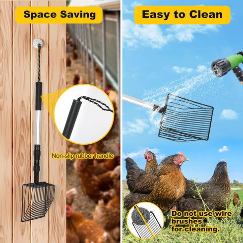 Metal Litter Scooper Long Handle, 3 In 1 Adjustable Stainless Steel Chicken Litter Scoop (22.4 - 41.3inch) Chicken Coop Accessories, Chicken Coop ...
