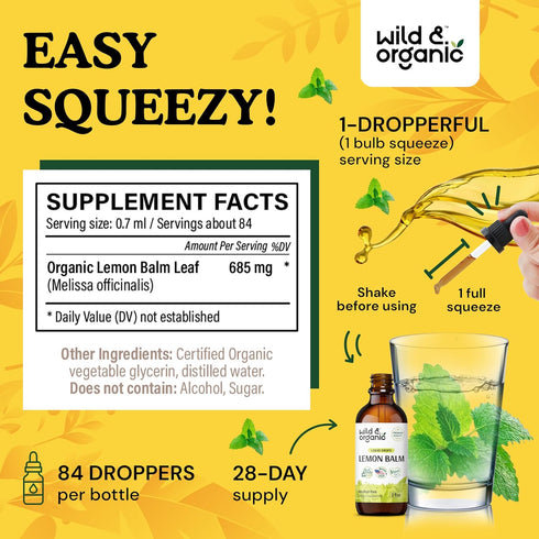 Lemon Balm Tincture - Organic Lemon Balm Liquid Extract - Lemon Balm Herb Drops - Vegan, Alcohol Free Supplement - 2 fl oz...