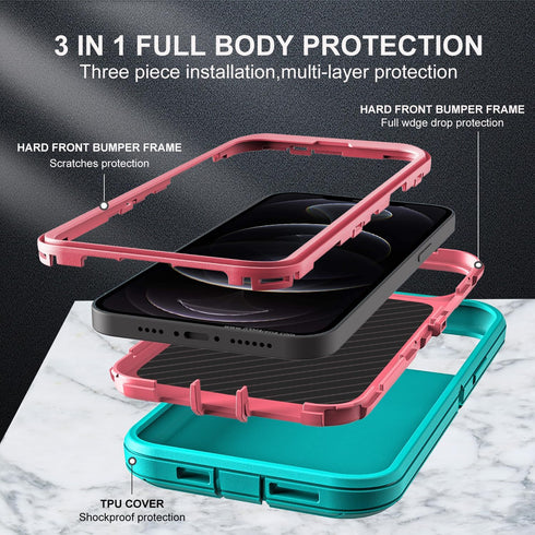 for iphone 12 Pro Max Case, Military Grade 3 in 1 Heavy Duty Shockproof/Drop Proof/Dust Proof Case with 2Pcs Tempered Glass Screen Protector (Aqua...