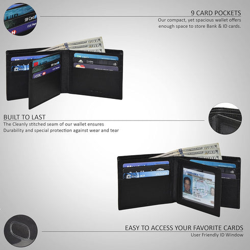 Handmade RFID Leather Bifold Wallets For Men in Multiple Colors offering 9 Cards and 1 ID Slots...