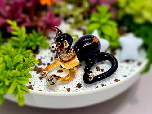 Tiny 2¼" Black Brown Crouching Play Ball Cat Figurine Miniature Hand Blown Painted Glass Cats Kitten Feline Animals Cute Crystal Decorative Collec...