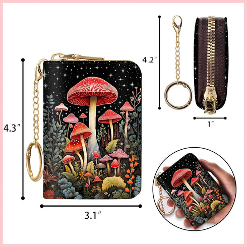 RFID Credit Card Holder Wallets for Women, Small Card Case Wallet with Keychain and Zipper, Mushrooms Leather Card Holder Pocket Business Card Acc...