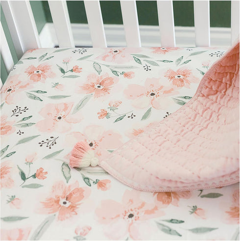 Crane Baby Soft Cotton Crib Mattress Sheet, Fitted Sheet for Cribs and Toddler Beds, Pink Floral, 28”w x 52”h x 9”d...