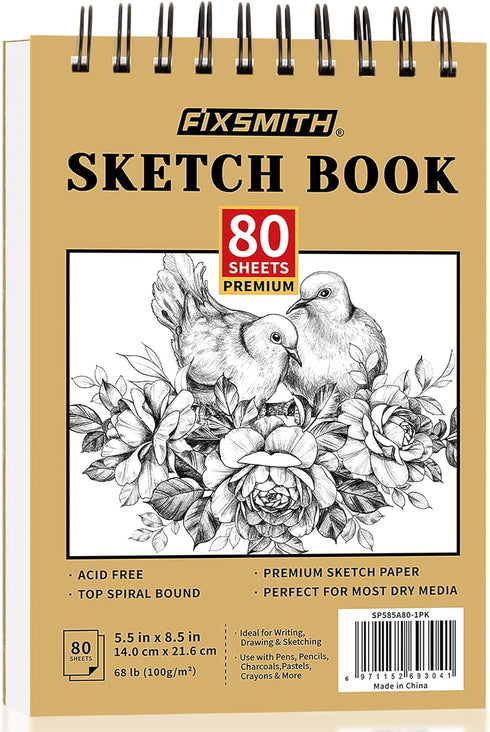 FIXSMITH 5.5"X8.5" Sketch Book | 80 Sheets (68 lb/100gsm) Sketchbook | Top Spiral Bound Artist Sketch Pad | Acid Free Drawing Pad | Ideal for Kids...