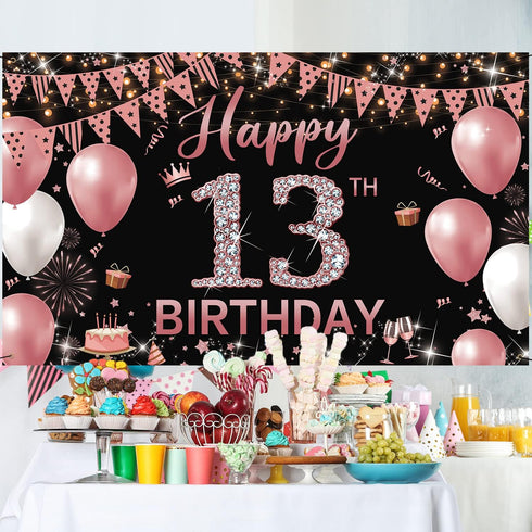 13th Birthday Decorations Backdrop Banner, Happy 13th Birthday Decoration for Girls, Rose Gold Birthday Photography Background, 13 Year Old Birthd...