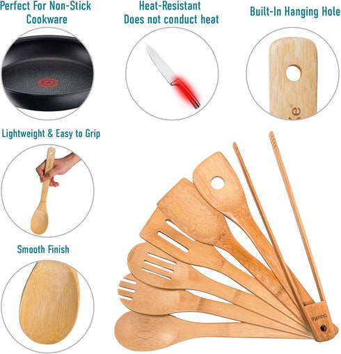 Wooden Spoons for Cooking 7-Pack – Bamboo Kitchen Utensils Set for Nonstick Cookware - Wooden Cooking Utensils Set, Wood Spatula Spoon Tongs...